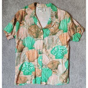 Vtg Key West Hand Print Fashions Womens S/S Button Up Hawaiian Shirt Seashells M